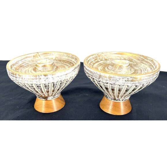 Haeger Gold Tweed Glaze Candleholders 22kt Lot of 2 Ceramic 4" Tall Wood Base - Picture 8 of 12